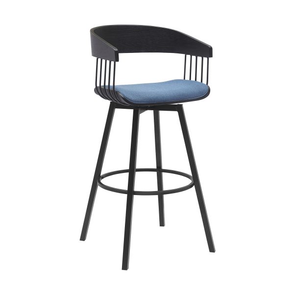 31" Blue and Black Fabric with Metal Swivel Bar Height Bar Chair - Image 3