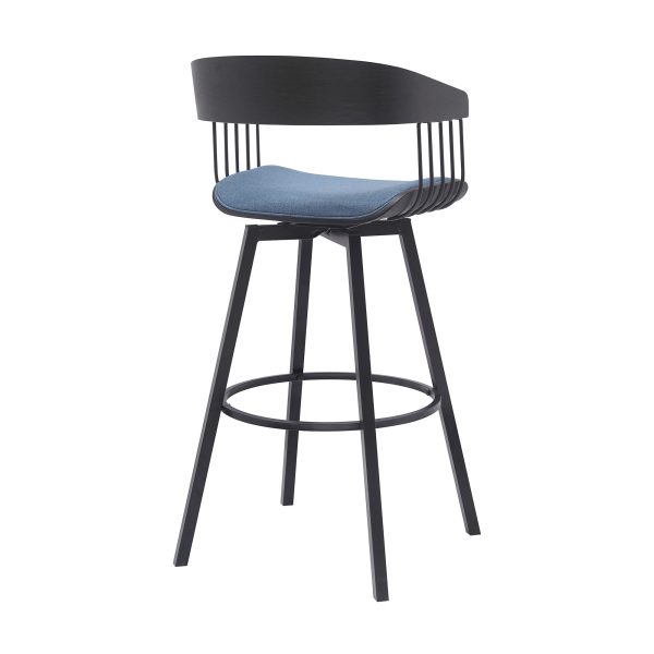 31" Blue and Black Fabric with Metal Swivel Bar Height Bar Chair - Image 4