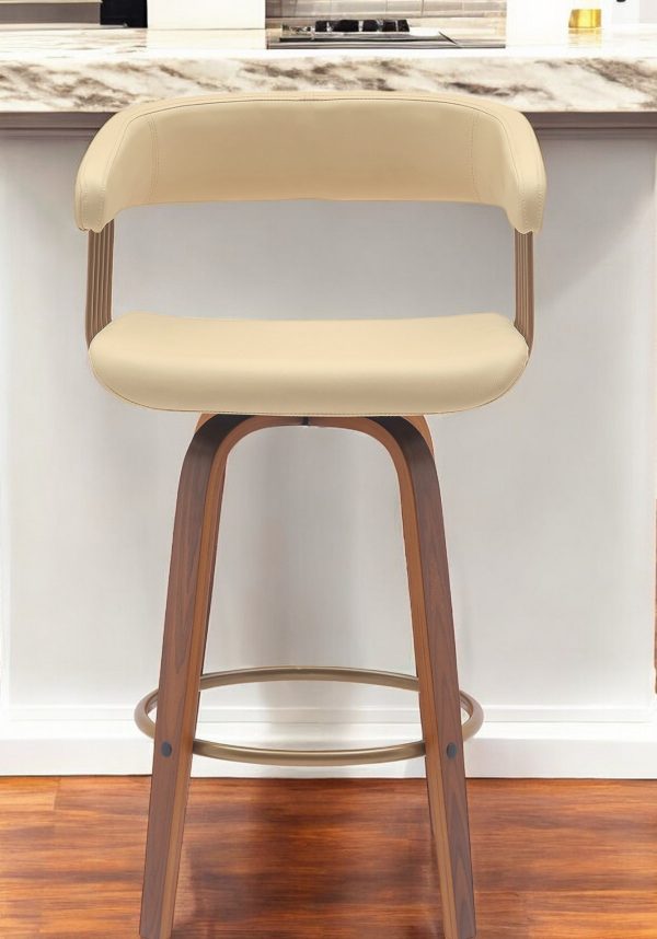 26" Cream And Wood Brown Faux Leather Swivel Counter Height Bar Chair - Image 2