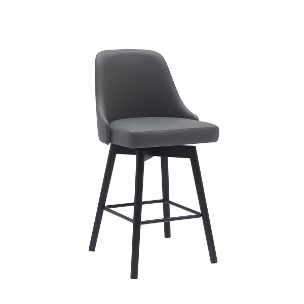 26" Gray and Black Faux Leather with Solid Wood Swivel Counter Height Bar Chair - Image 3