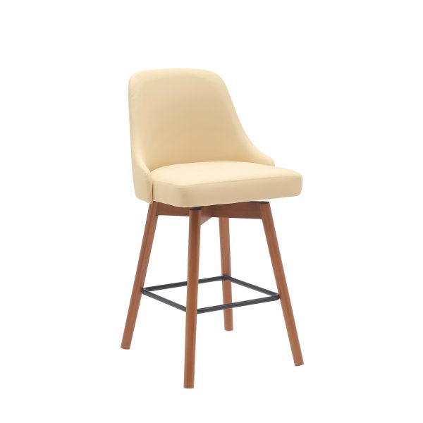 26" Cream and Wood Brown Faux Leather with Solid Wood Swivel Counter Height Bar Chair - Image 3