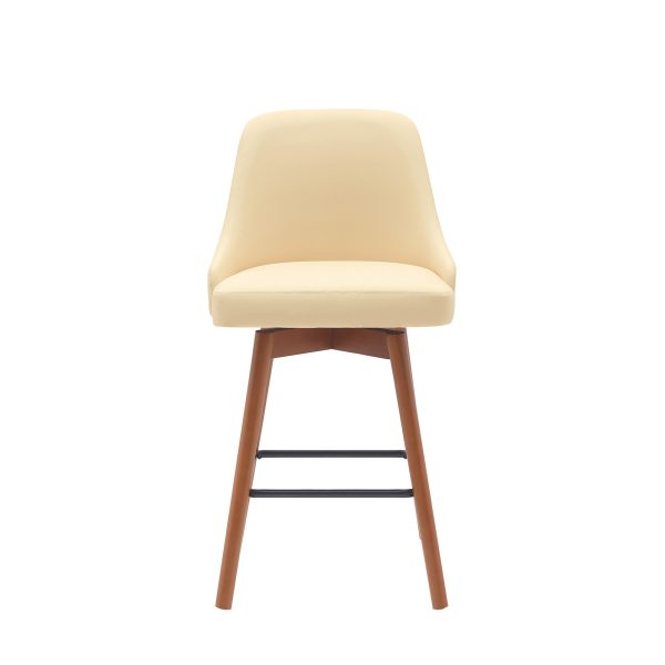 26" Cream and Wood Brown Faux Leather with Solid Wood Swivel Counter Height Bar Chair - Image 2