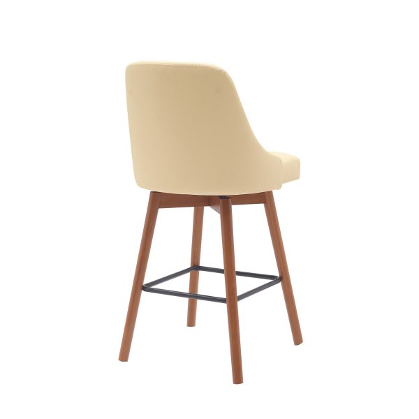 26" Cream and Wood Brown Faux Leather with Solid Wood Swivel Counter Height Bar Chair - Image 4