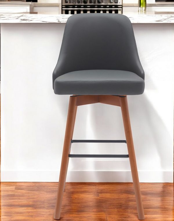 30" Gray and Wood Brown Faux Leather with Solid Wood Swivel Bar Height Bar Chair - Image 2