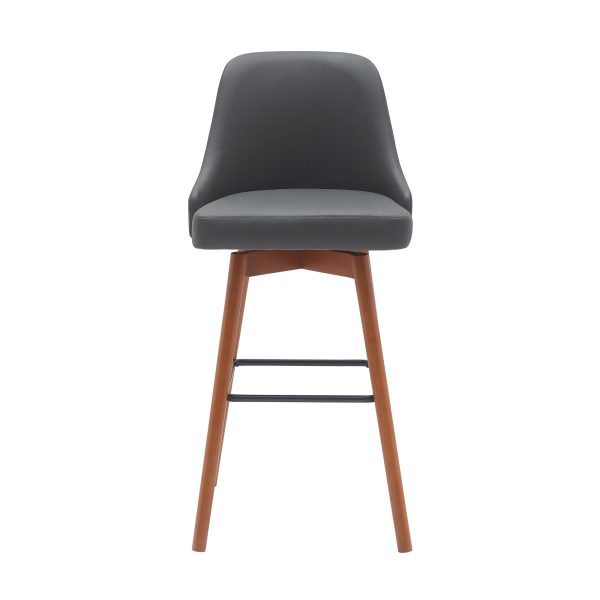 30" Gray and Wood Brown Faux Leather with Solid Wood Swivel Bar Height Bar Chair - Image 3