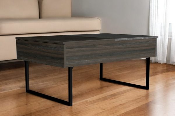 39" Espresso And Black Wood And Metal Lift Top Coffee Table With Drawer
