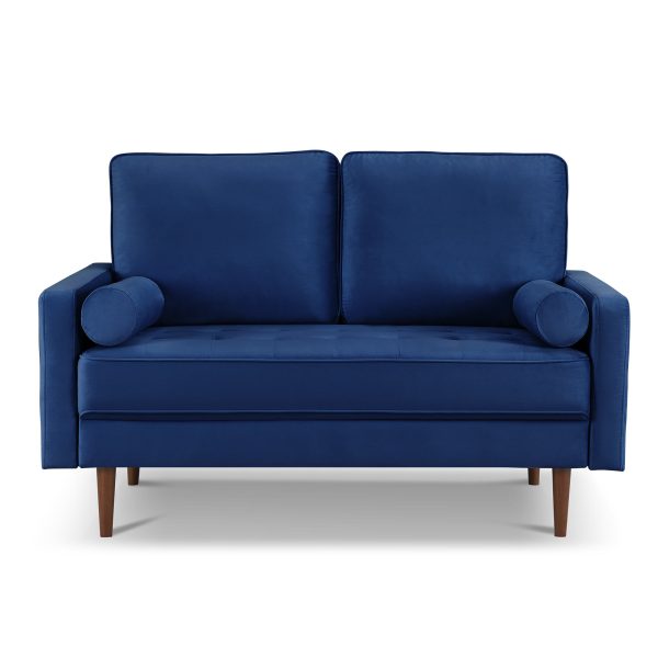 57" Blue And Dark Brown Velvet Loveseat and Toss Pillows - Image 3