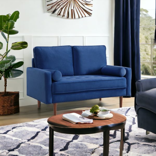 57" Blue And Dark Brown Velvet Loveseat and Toss Pillows - Image 2