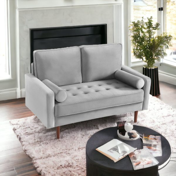 57" Gray And Dark Brown Velvet Loveseat and Toss Pillows - Image 2