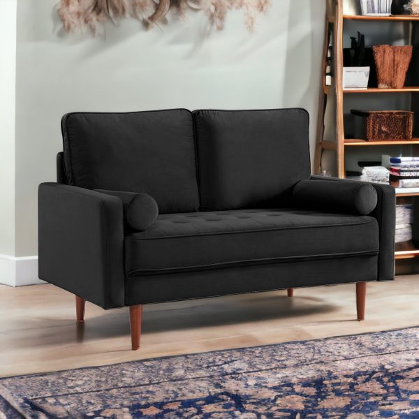 57" Black And Dark Brown Velvet Loveseat and Toss Pillows - Image 2