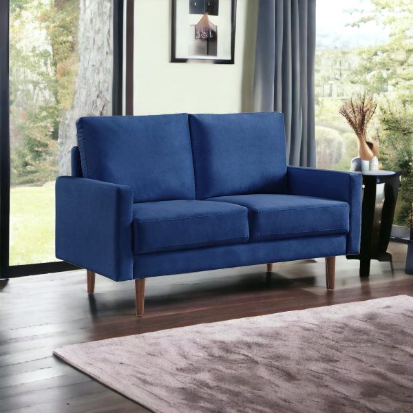 57" Blue And Dark Brown Velvet Loveseat - Image 2