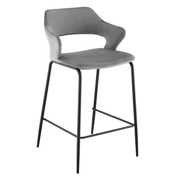26" Gray and Black Velvet and Steel Low Back Counter Height Bar Chair - Image 2