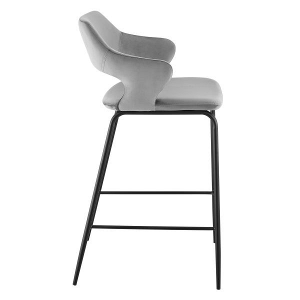26" Gray and Black Velvet and Steel Low Back Counter Height Bar Chair - Image 4