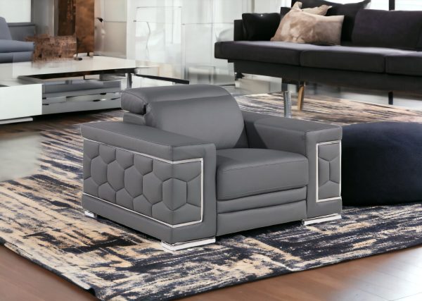 47" Granite Gray and Silver Genuine Leather Lounge Chair - Image 2