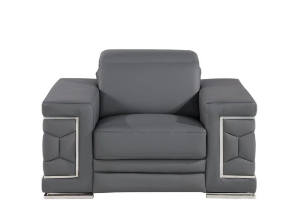 47" Granite Gray and Silver Genuine Leather Lounge Chair - Image 3