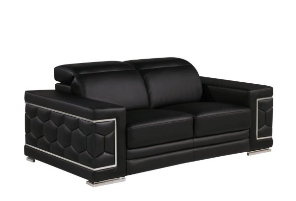 71" Black And Silver Genuine Leather Loveseat - Image 3