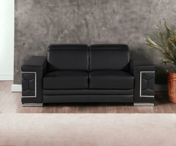 71" Black And Silver Genuine Leather Loveseat - Image 2