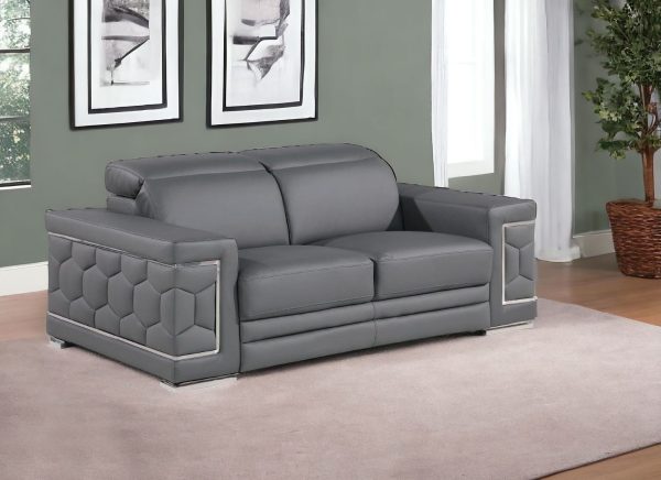 71" Gray And Silver Genuine Leather Loveseat - Image 3