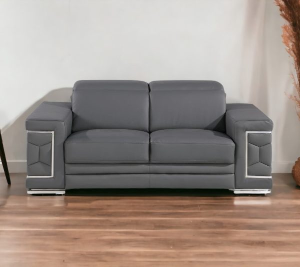 71" Gray And Silver Genuine Leather Loveseat - Image 2