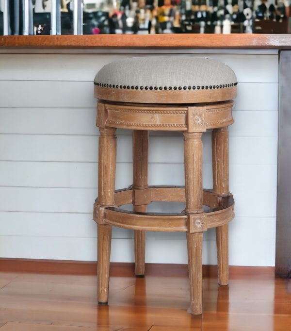 31" Beige And Natural Solid Wood Swivel Backless Bar Height Bar Chair - Image 2