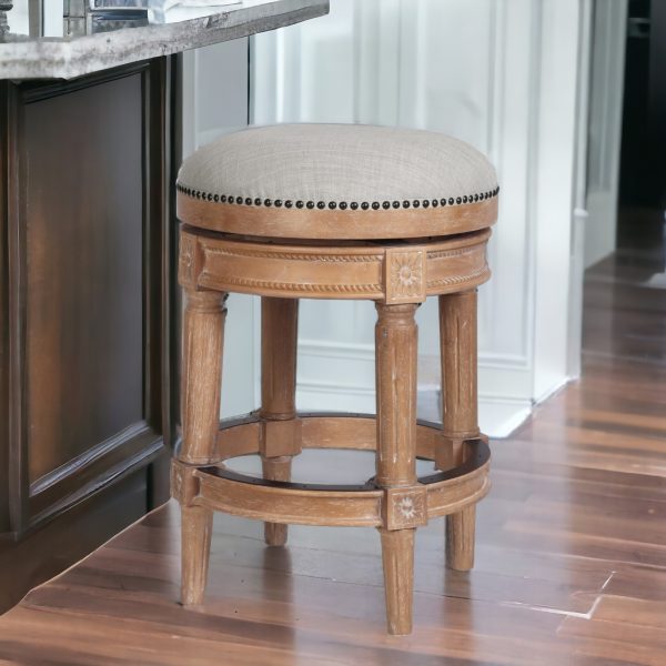 26" Beige And Natural Solid Wood Swivel Backless Counter Height Bar Chair - Image 2
