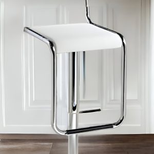 White And Silver Faux Leather And Metal Low Back Adjustable Height Bar Chair