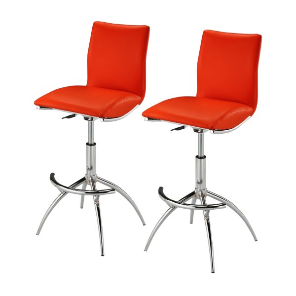Set of Two Red And Silver Faux Leather And Metal Low Back Adjustable Height Bar Chairs - Image 3