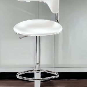 White And Silver Faux Leather And Metal Low Back Adjustable Height Bar Chair