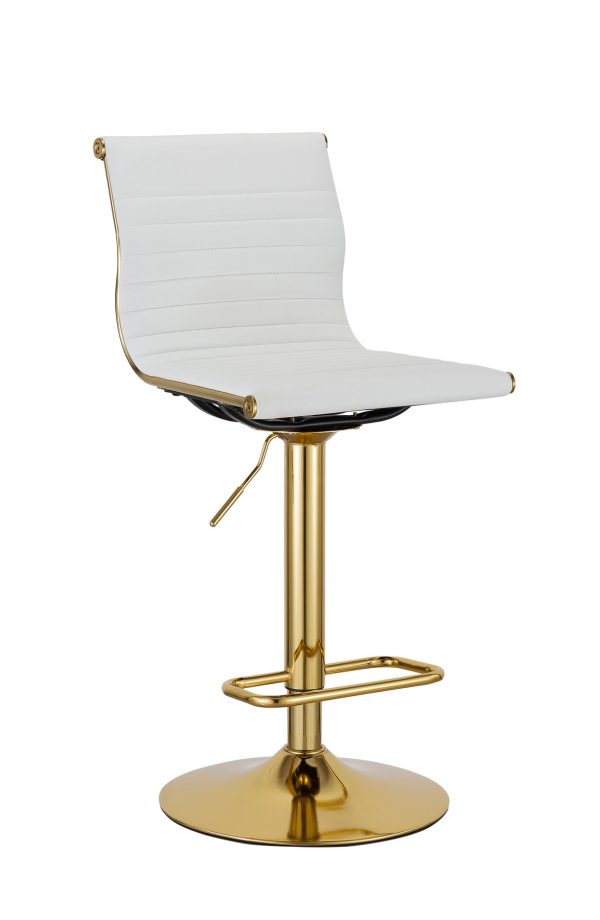 Set of Two White And Gold Faux Leather And Metal Low Back Adjustable Height Bar Chairs - Image 2