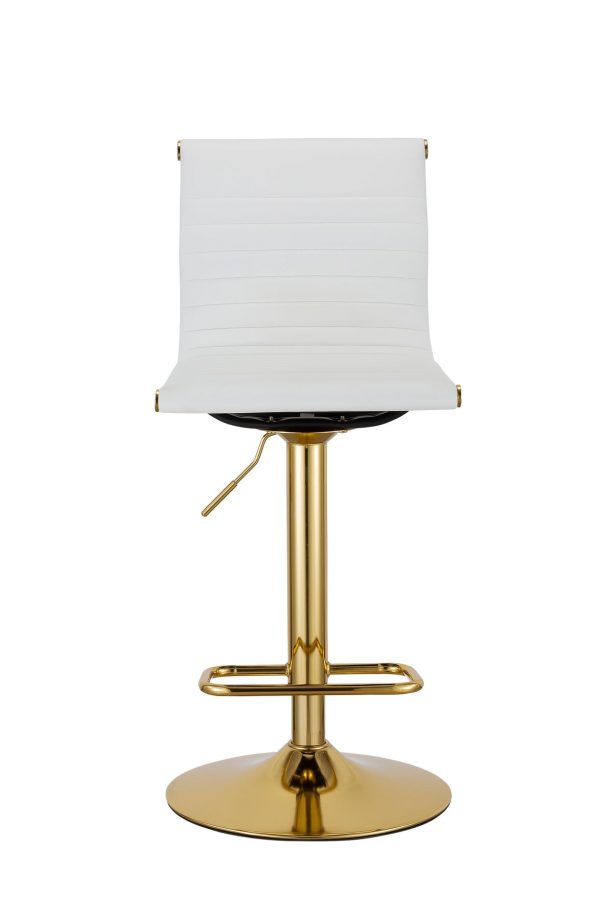 Set of Two White And Gold Faux Leather And Metal Low Back Adjustable Height Bar Chairs - Image 3