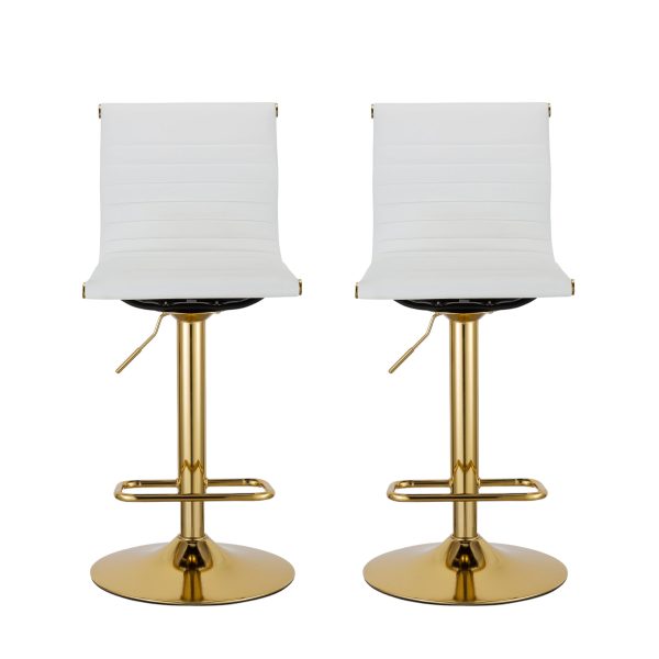 Set of Two White And Gold Faux Leather And Metal Low Back Adjustable Height Bar Chairs - Image 4