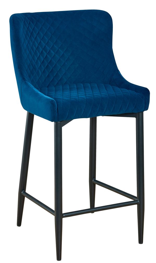 Set of Two 26" Blue And Black Velvet And Metal Low Back Counter Height Bar Chairs - Image 3