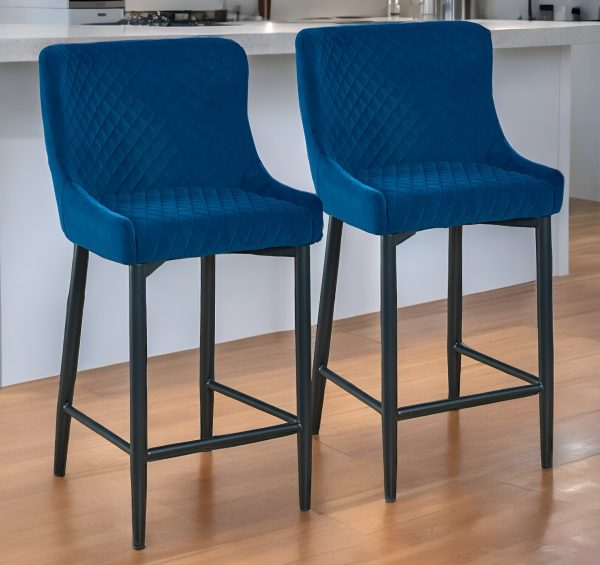 Set of Two 26" Blue And Black Velvet And Metal Low Back Counter Height Bar Chairs