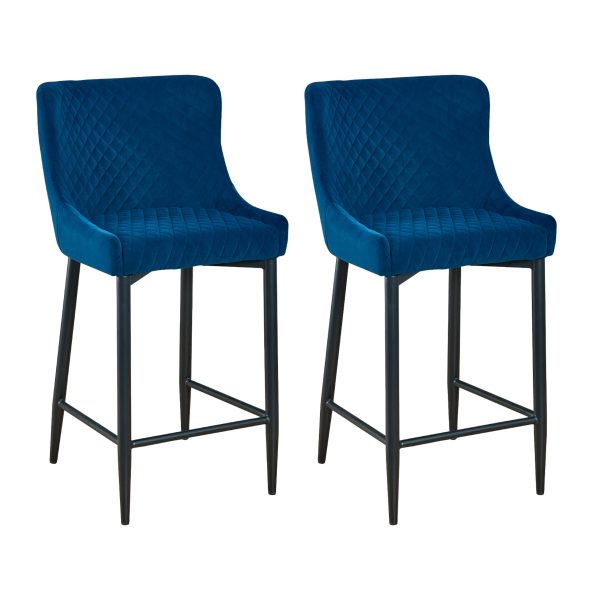 Set of Two 30" Blue And Black Velvet And Metal Low Back Bar Height Bar Chairs - Image 2