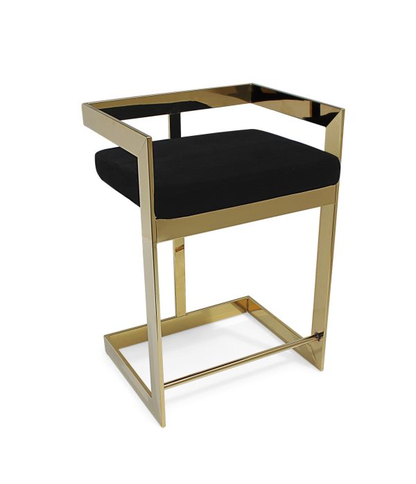30" Black And Gold Velvet And Stainless Steel Low Back Bar Height Bar Chair - Image 2