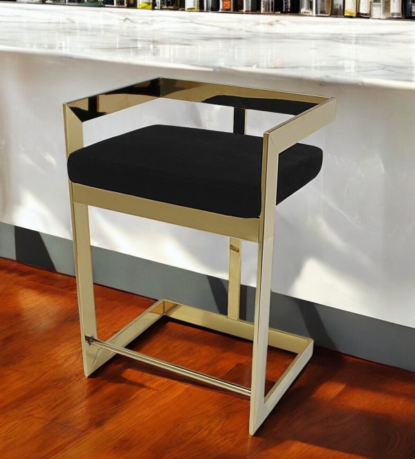 30" Black And Gold Velvet And Stainless Steel Low Back Bar Height Bar Chair