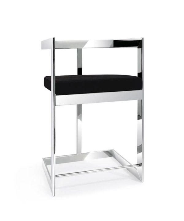 30" Black And Silver Velvet And Stainless Steel Low Back Bar Height Bar Chair - Image 2