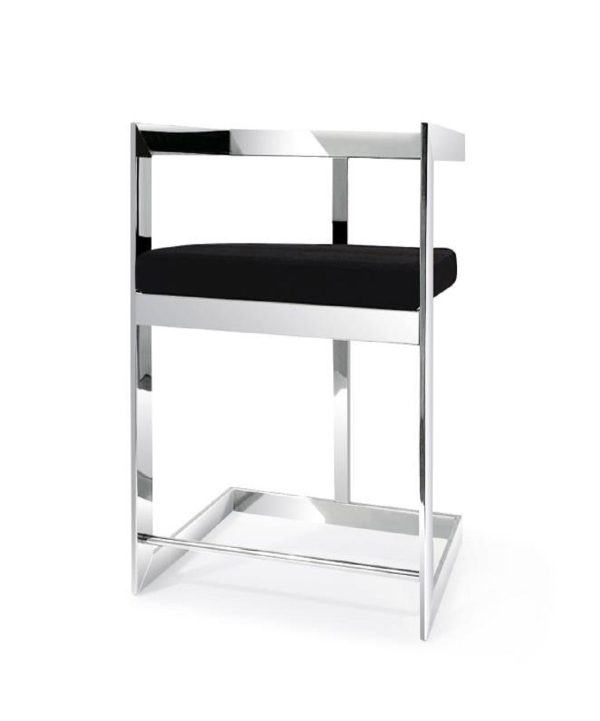 30" Black And Silver Velvet And Stainless Steel Low Back Bar Height Bar Chair - Image 4