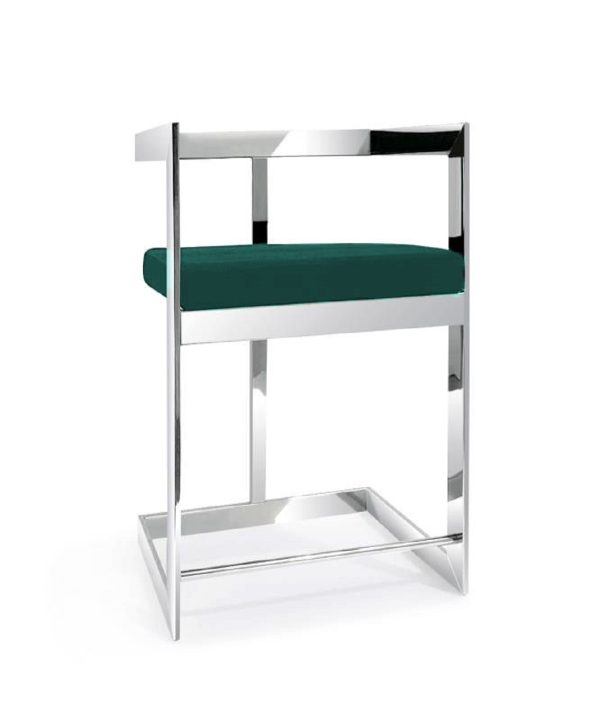26" Green And Silver Velvet And Stainless Steel Low Back Counter Height Bar Chair - Image 2