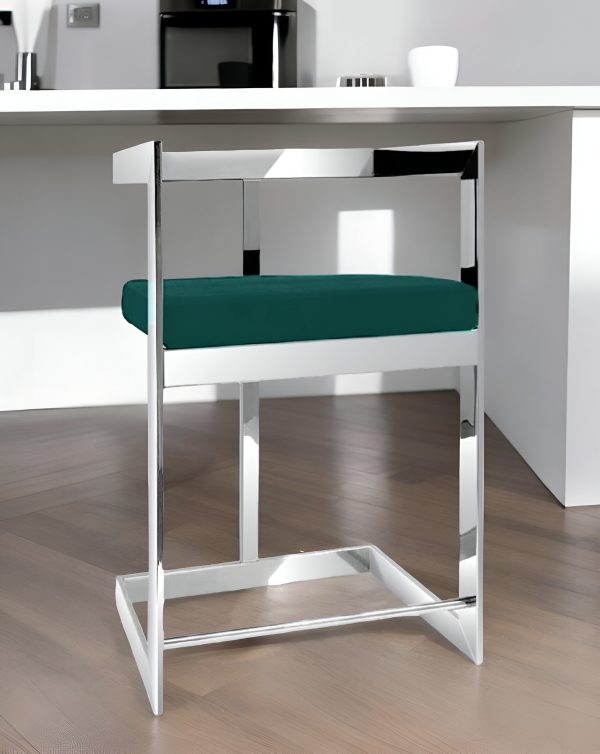 26" Green And Silver Velvet And Stainless Steel Low Back Counter Height Bar Chair