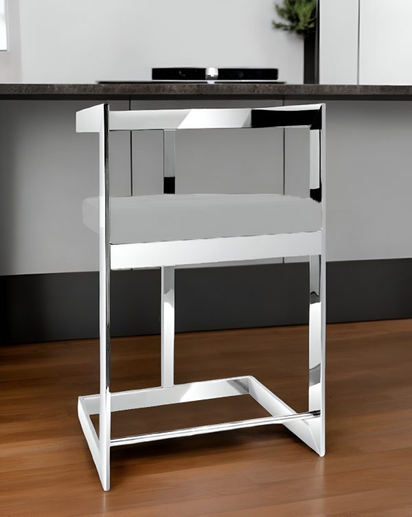 26" Gray And Silver Velvet And Stainless Steel Low Back Counter Height Bar Chair