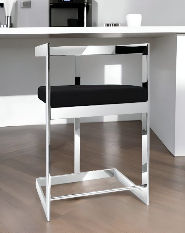 26" Black And Silver Velvet And Stainless Steel Low Back Counter Height Bar Chair