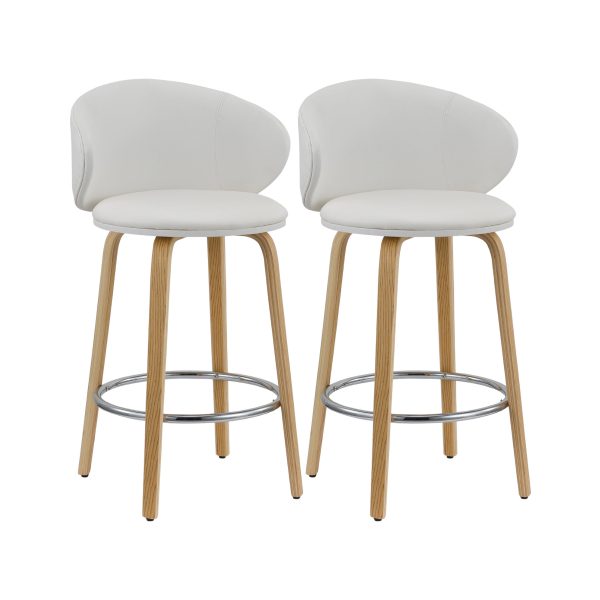 Set of Two 26" White And Brown Faux Leather And Metal Low Back Counter Height Bar Chairs - Image 2
