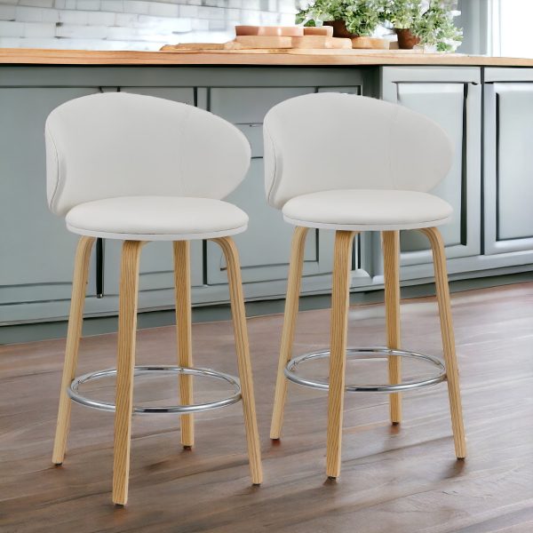 Set of Two 26" White And Brown Faux Leather And Metal Low Back Counter Height Bar Chairs