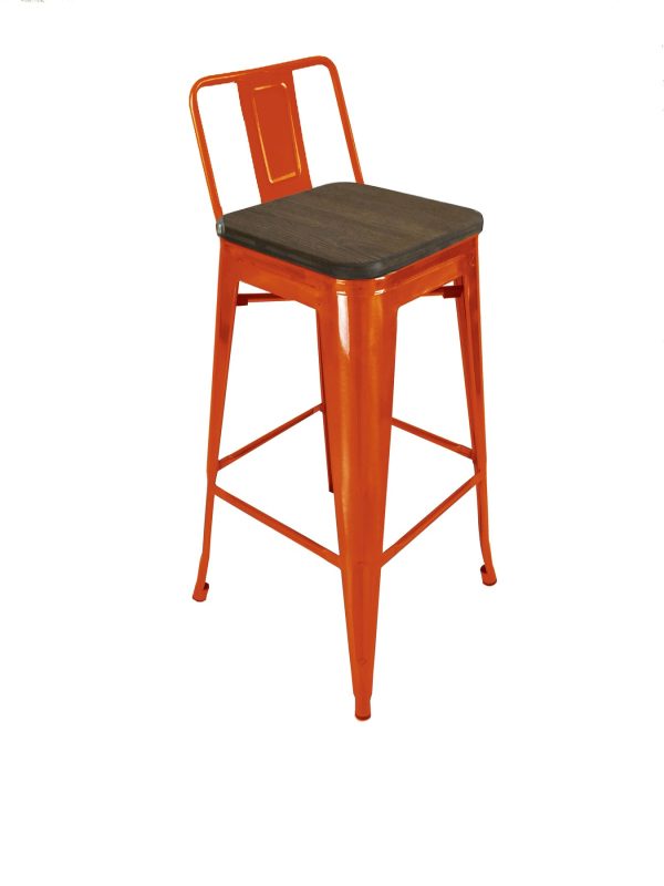 Set of Four 26" Brown And Orange Wood And Metal Low Back Counter Height Bar Chairs - Image 3
