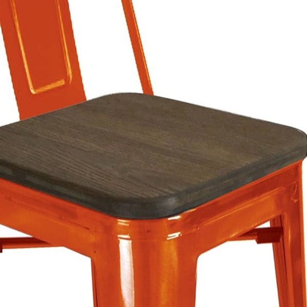 Set of Four 26" Brown And Orange Wood And Metal Low Back Counter Height Bar Chairs - Image 4