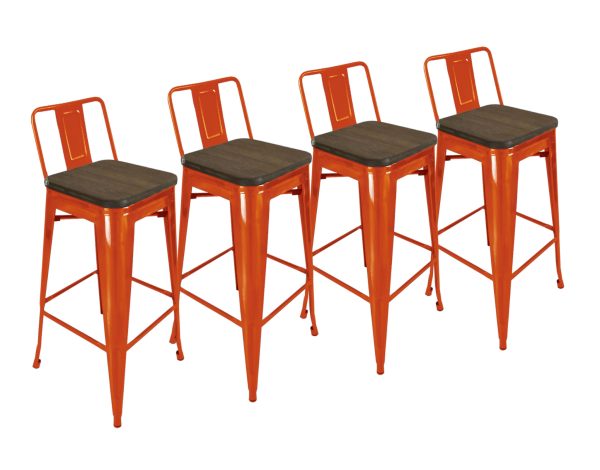 Set of Four 26" Brown And Orange Wood And Metal Low Back Counter Height Bar Chairs - Image 2