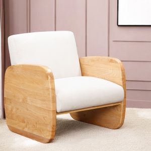 24" White And Natural Linen And Wood Arm Chair