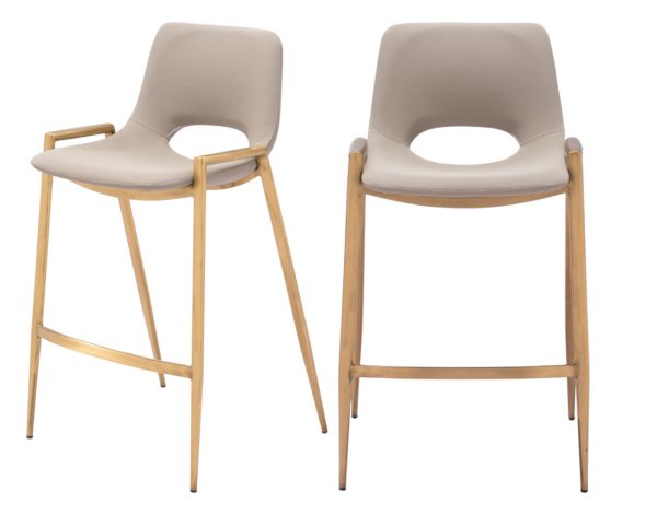 Set of Two 26" Beige And Gold Faux Leather And Steel Low Back Counter Height Bar Chairs - Image 2