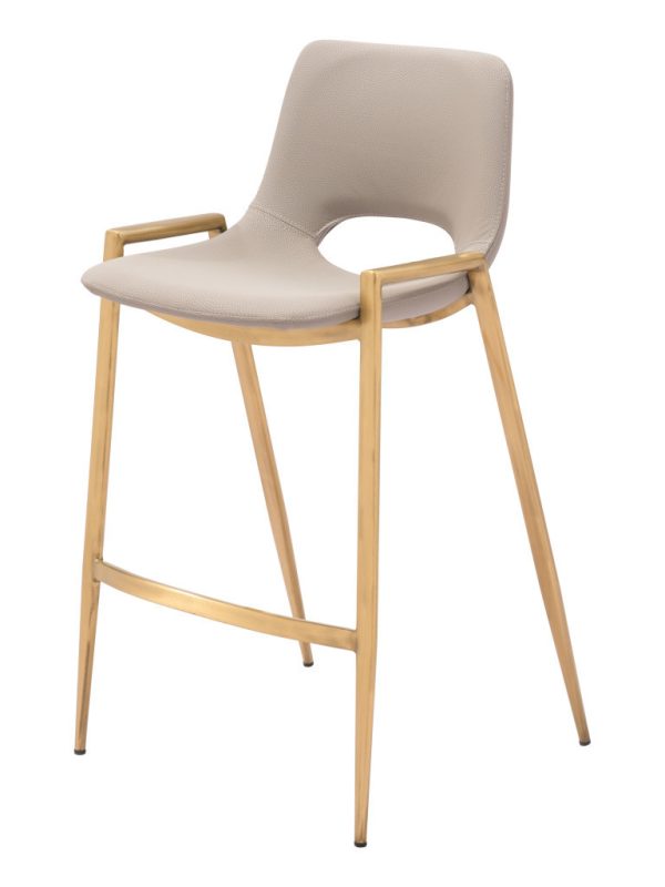 Set of Two 26" Beige And Gold Faux Leather And Steel Low Back Counter Height Bar Chairs - Image 3